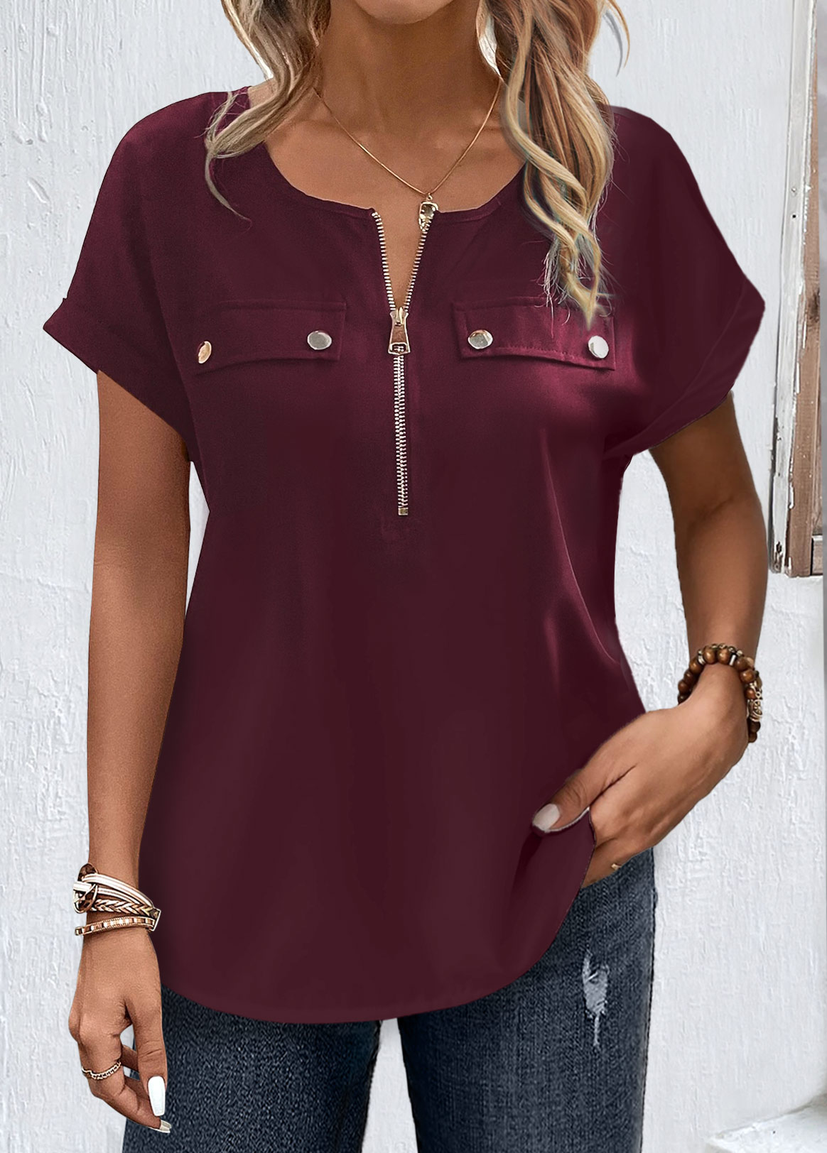 ROTITA Zipper Wine Red Round Neck Short Sleeve Blouse