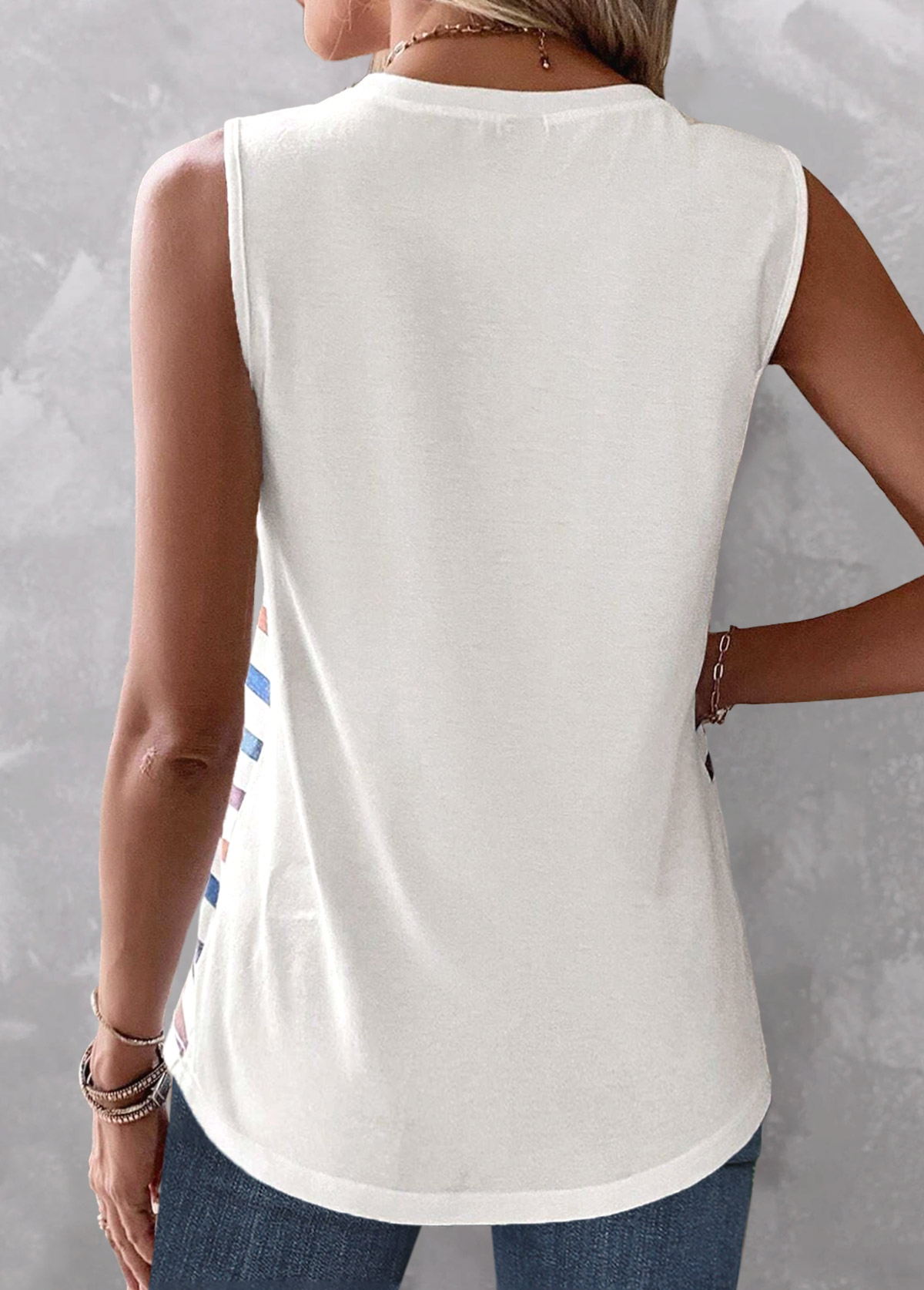 White tops,Striped tops,ROTITA Button Striped White Round Neck Tank Top