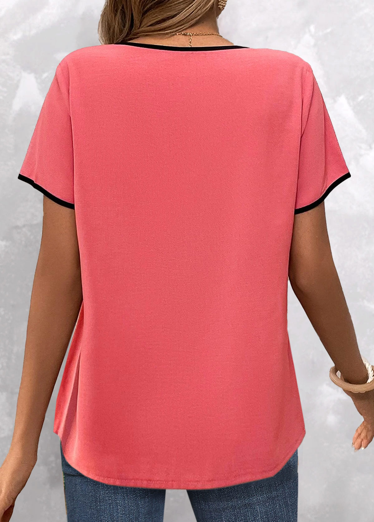 Coral tops,Contrast Color tops,ROTITA Contrast Binding Coral Split Neck Short Sleeve Blouse