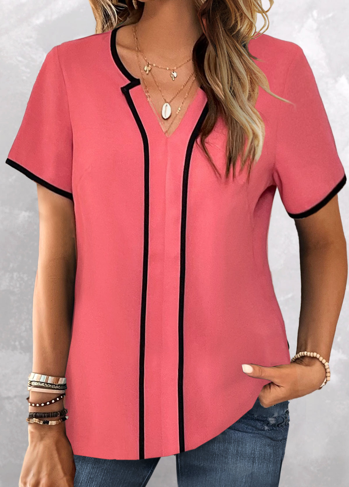 Coral tops,Contrast Color tops,ROTITA Contrast Binding Coral Split Neck Short Sleeve Blouse