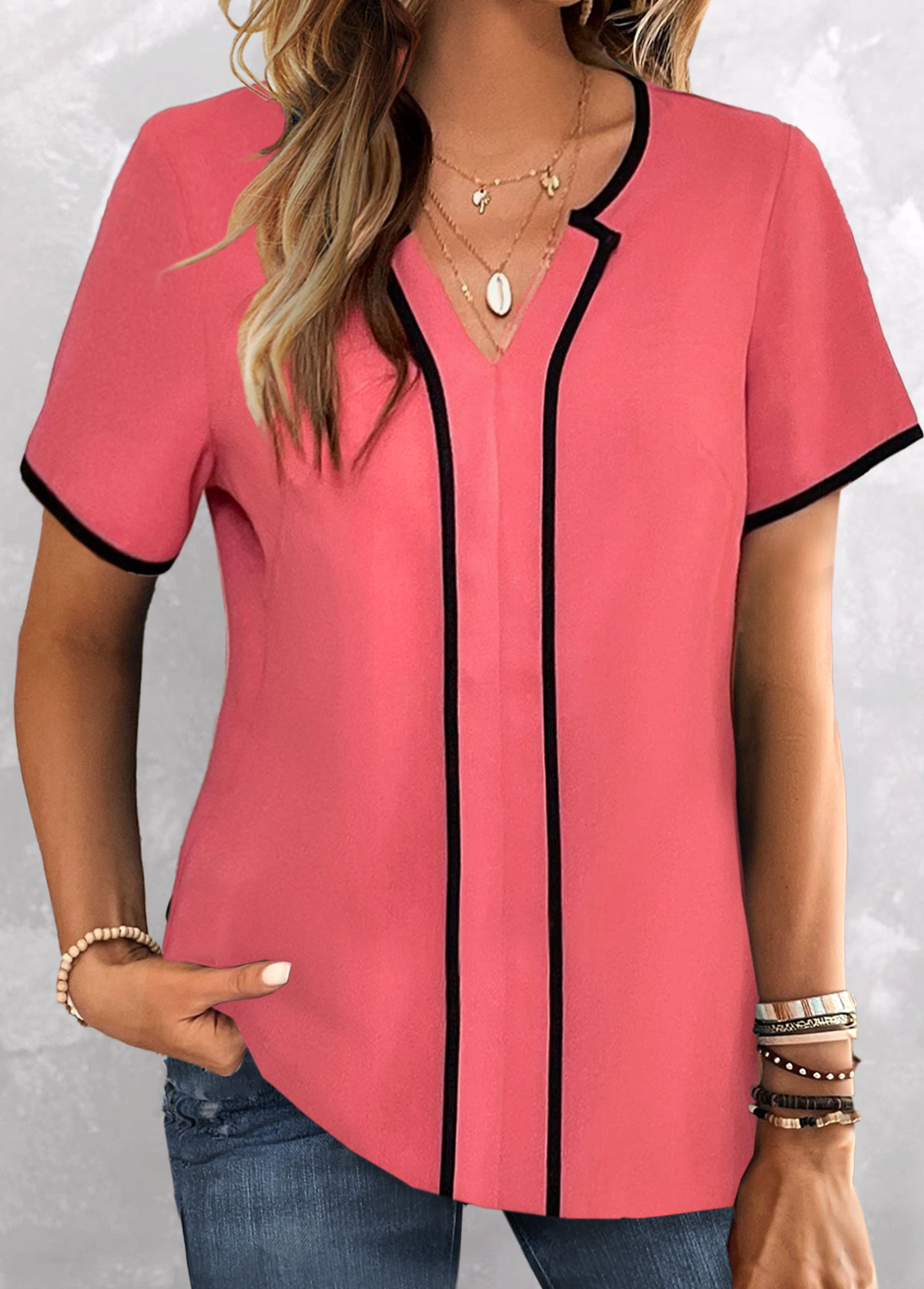 Coral tops,Contrast Color tops,ROTITA Contrast Binding Coral Split Neck Short Sleeve Blouse
