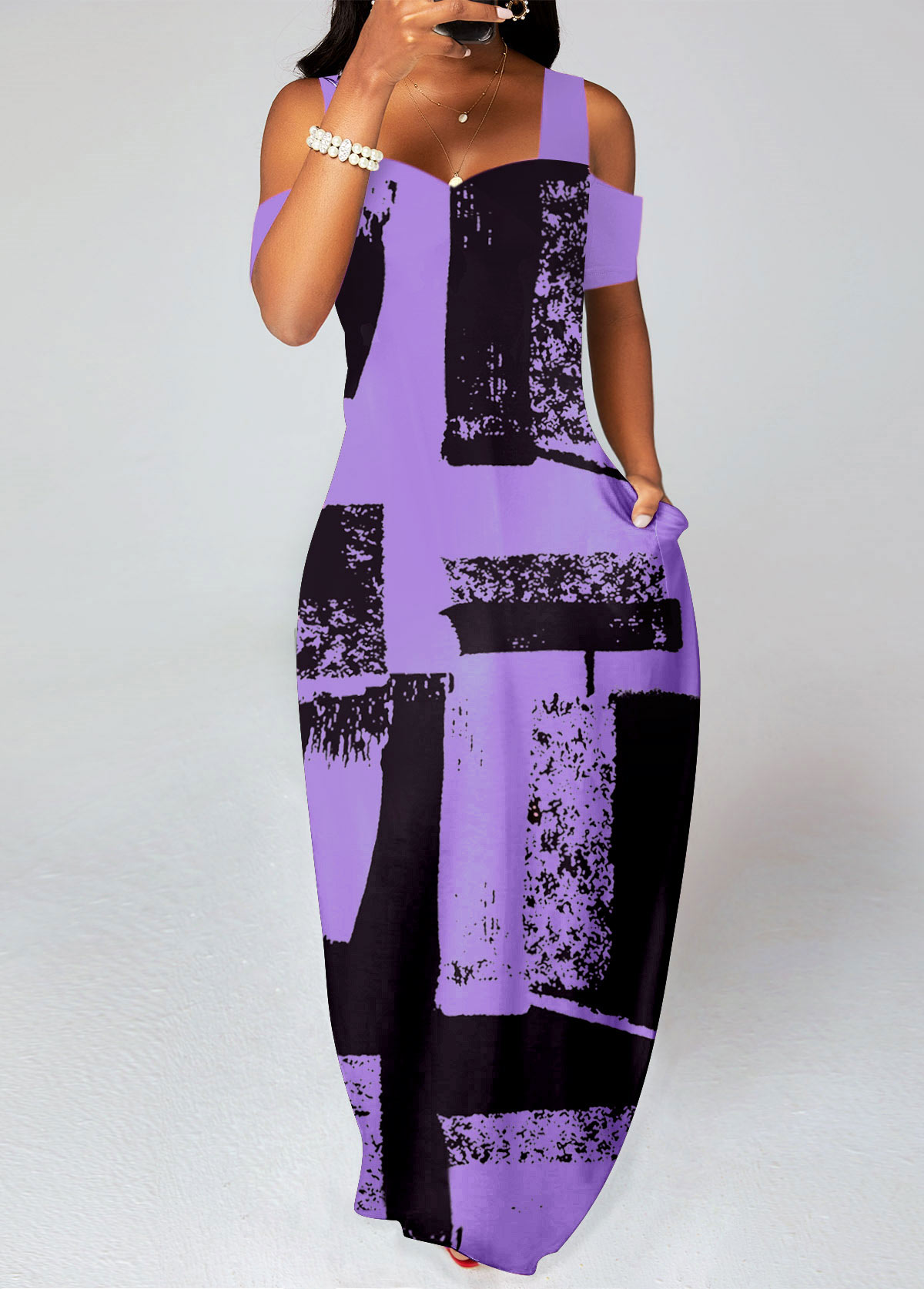 Purple dresses,Graphic dresses,ROTITA Pocket Graffiti Print Pink O Shape Maxi Dress