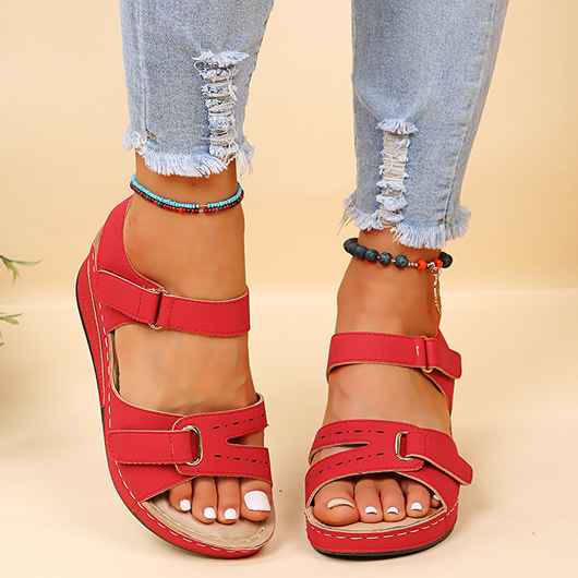Red accessories,Plain Color accessories,Red Mid Heel Velcro Open Toe Slippers
