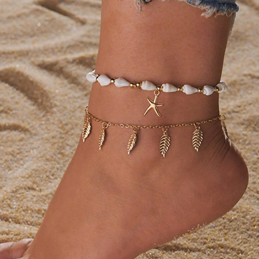 Leaf Layered Starfish Gold Anklet Set