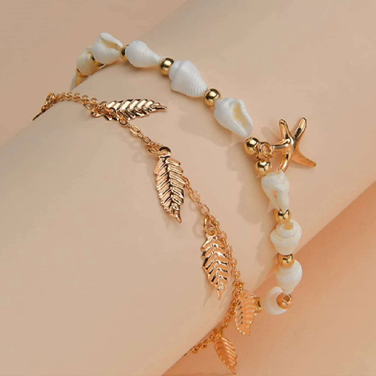 Gold jewelry,Other jewelry,Leaf Layered Starfish Gold Anklet Set