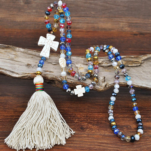 Multi Color jewelry,Contrast Color jewelry,Cross Tassel Design Multi Color Necklace