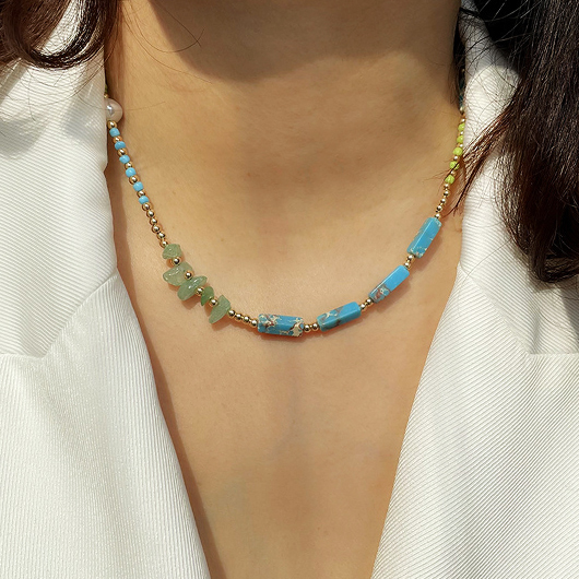 Multi Color jewelry,Geometric jewelry,Stone Detail Round Multi Color Necklace