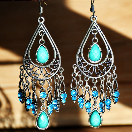 Boucles d'oreilles tribales en forme de larme avec strass turquoise