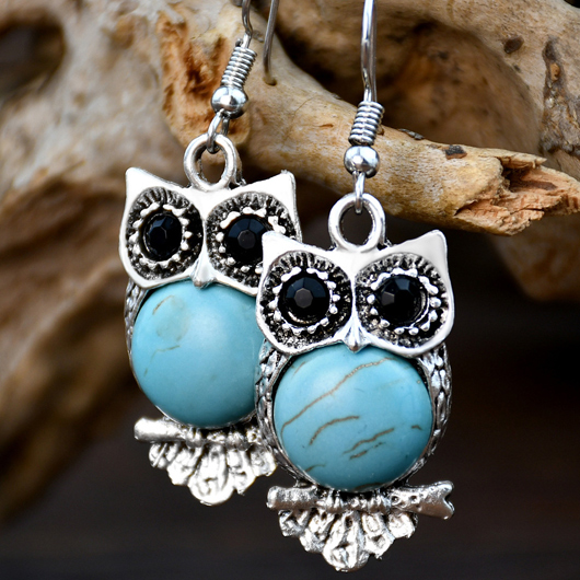 Turquoise jewelry,Contrast Color jewelry,Owl Shape Design Turquoise Alloy Earrings