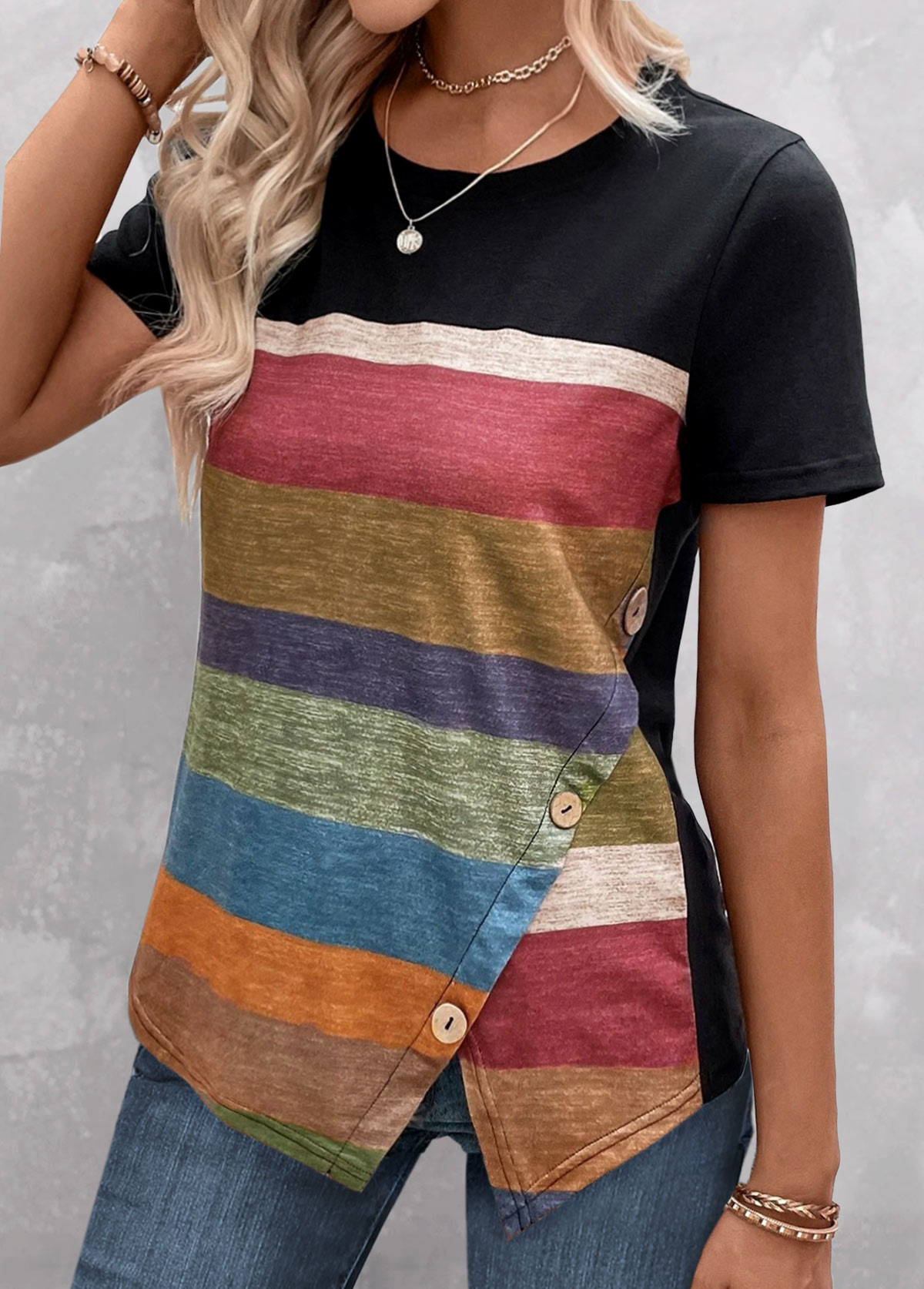 Black plus size,Striped plus size,Geometric plus size,ROTITA Plus Size Patchwork Multi Color Striped T Shirt