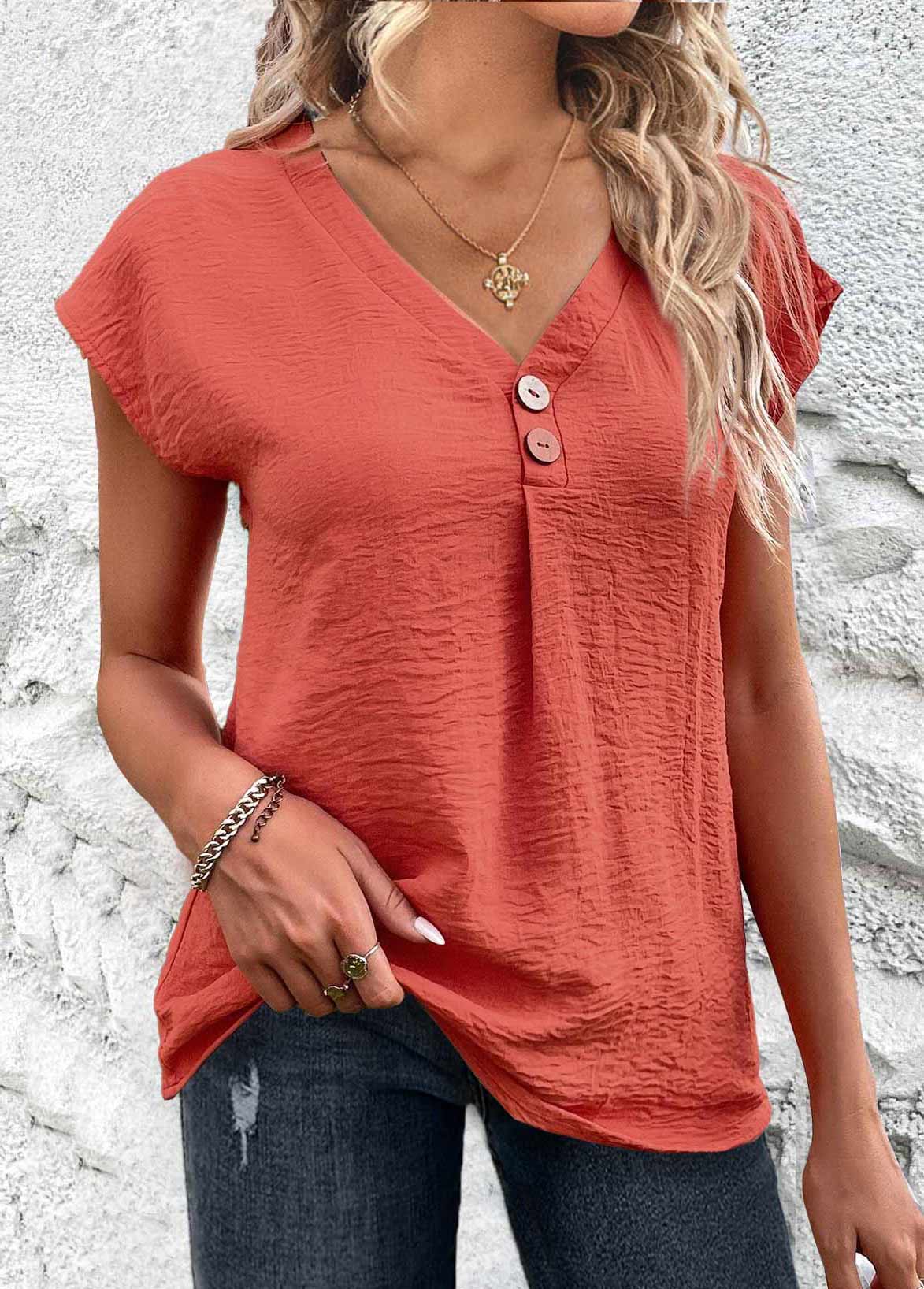 Coral plus size,Plain Color plus size,ROTITA Plus Size Button Coral V Neck Blouse