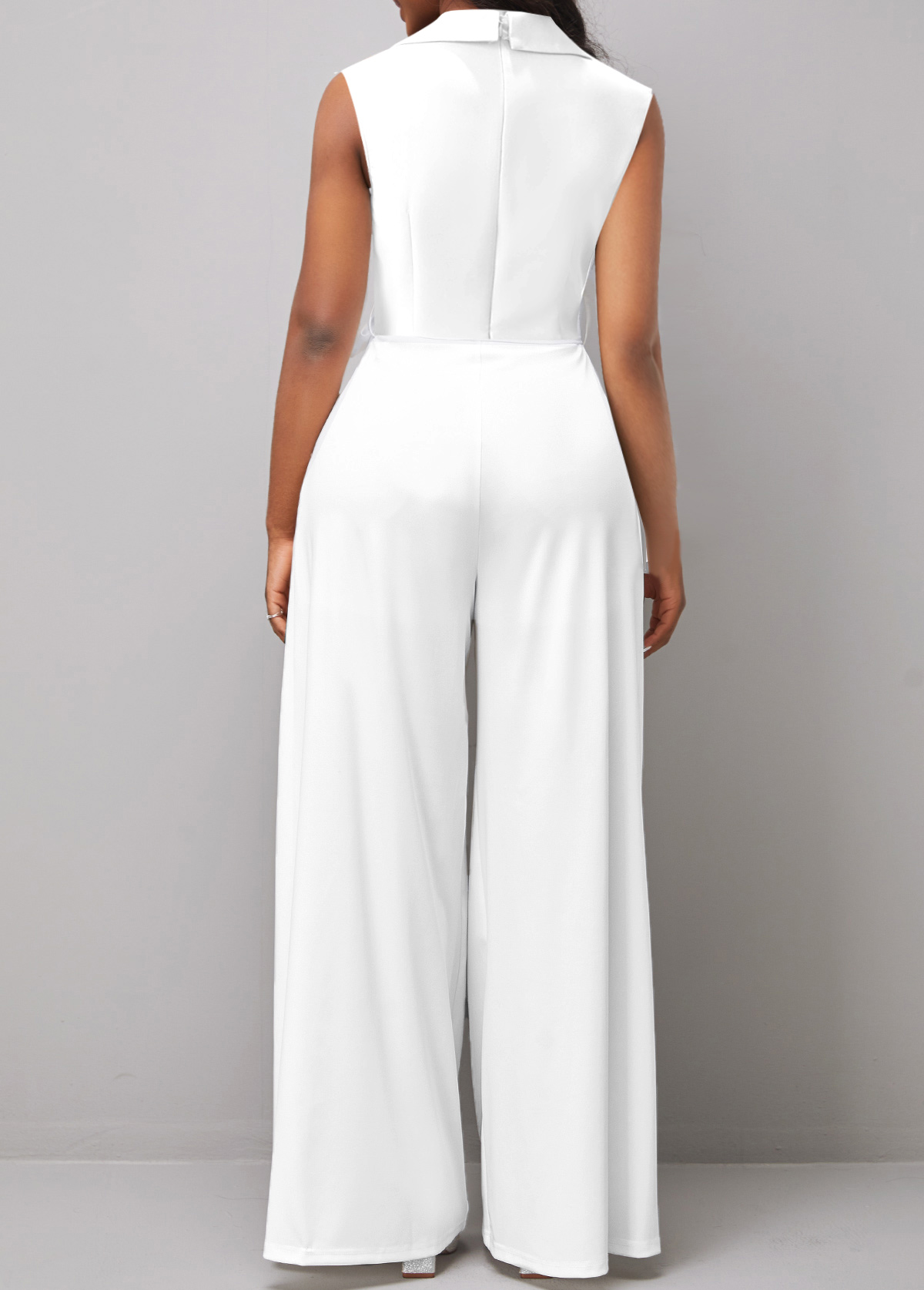 White jumpsuits & rompers,Plain Color jumpsuits & rompers,ROTITA Asymmetry White Long Lapel Sleeveless Jumpsuit