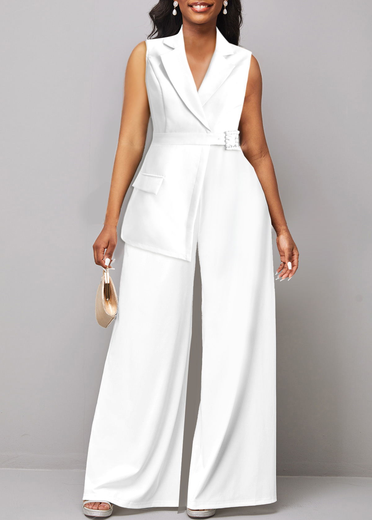 White jumpsuits & rompers,Plain Color jumpsuits & rompers,ROTITA Asymmetry White Long Lapel Sleeveless Jumpsuit