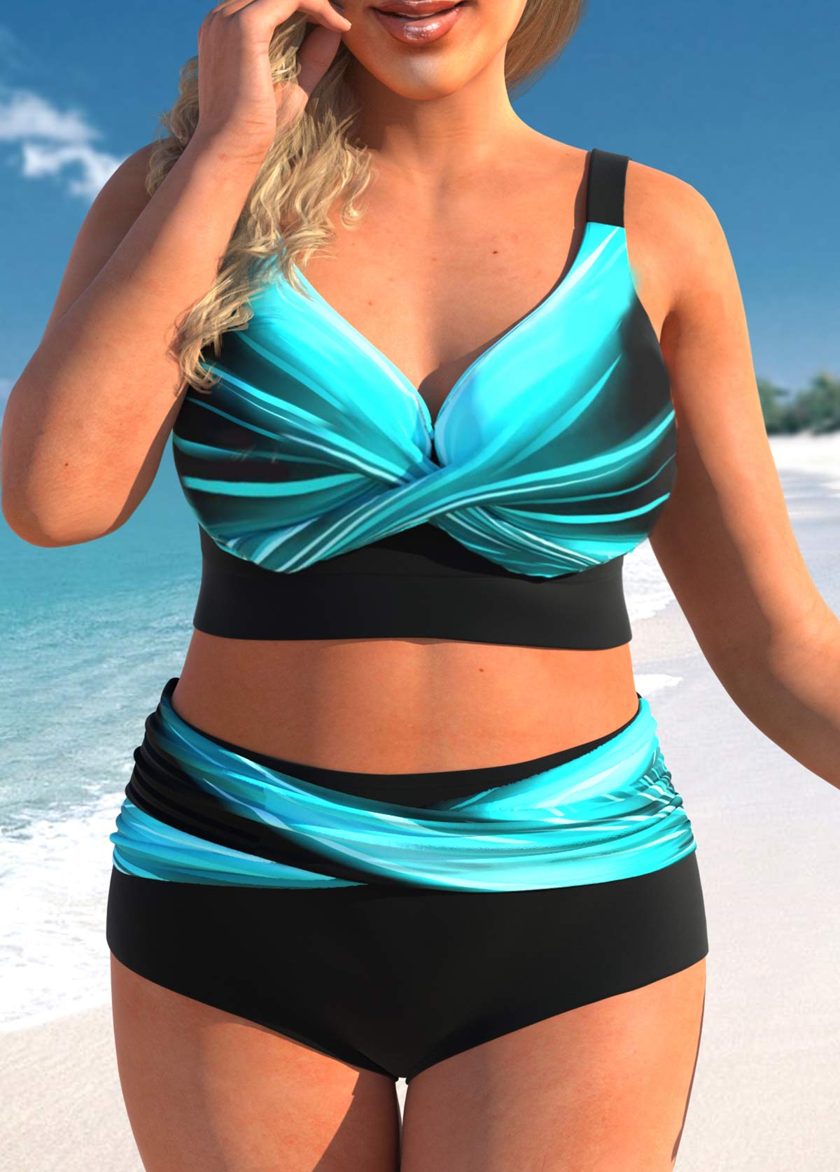 Cyan plus size,Black plus size,Ombre plus size,ROTITA Plus Size High Waisted Criss Cross Ombre Bikini Set