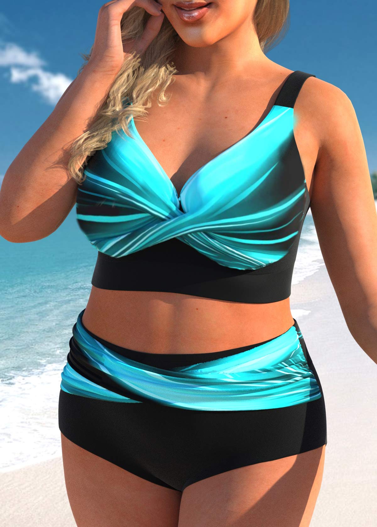 Cyan plus size,Black plus size,Ombre plus size,ROTITA Plus Size High Waisted Criss Cross Ombre Bikini Set
