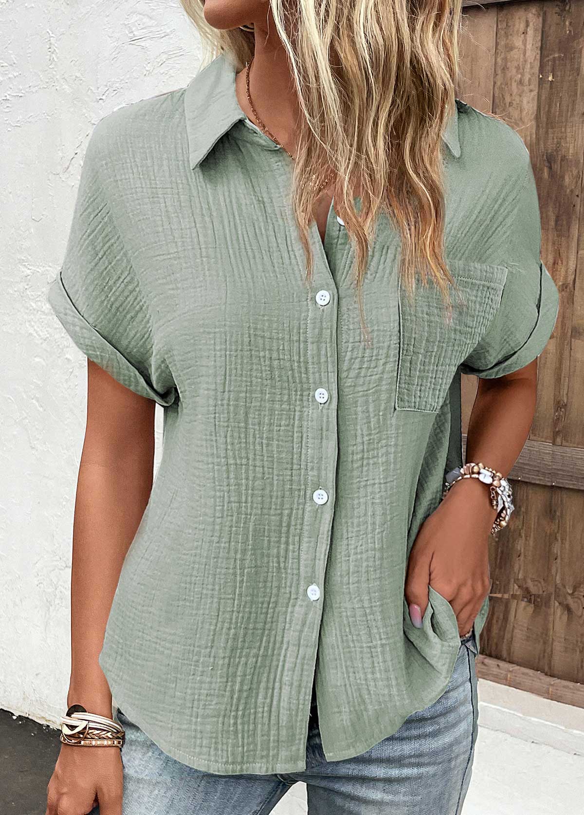 ROTITA Pocket Sage Green Shirt Collar Short Sleeve Blouse