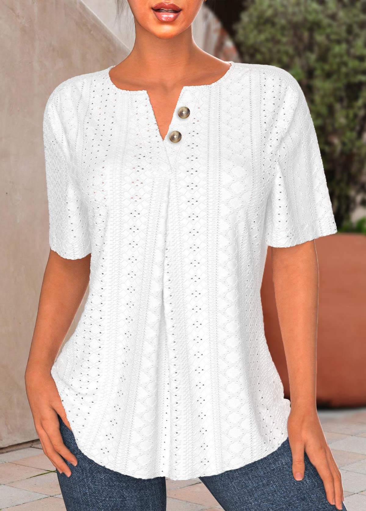 White tops,Plain Color tops,ROTITA Button White Split Neck Short Sleeve Blouse
