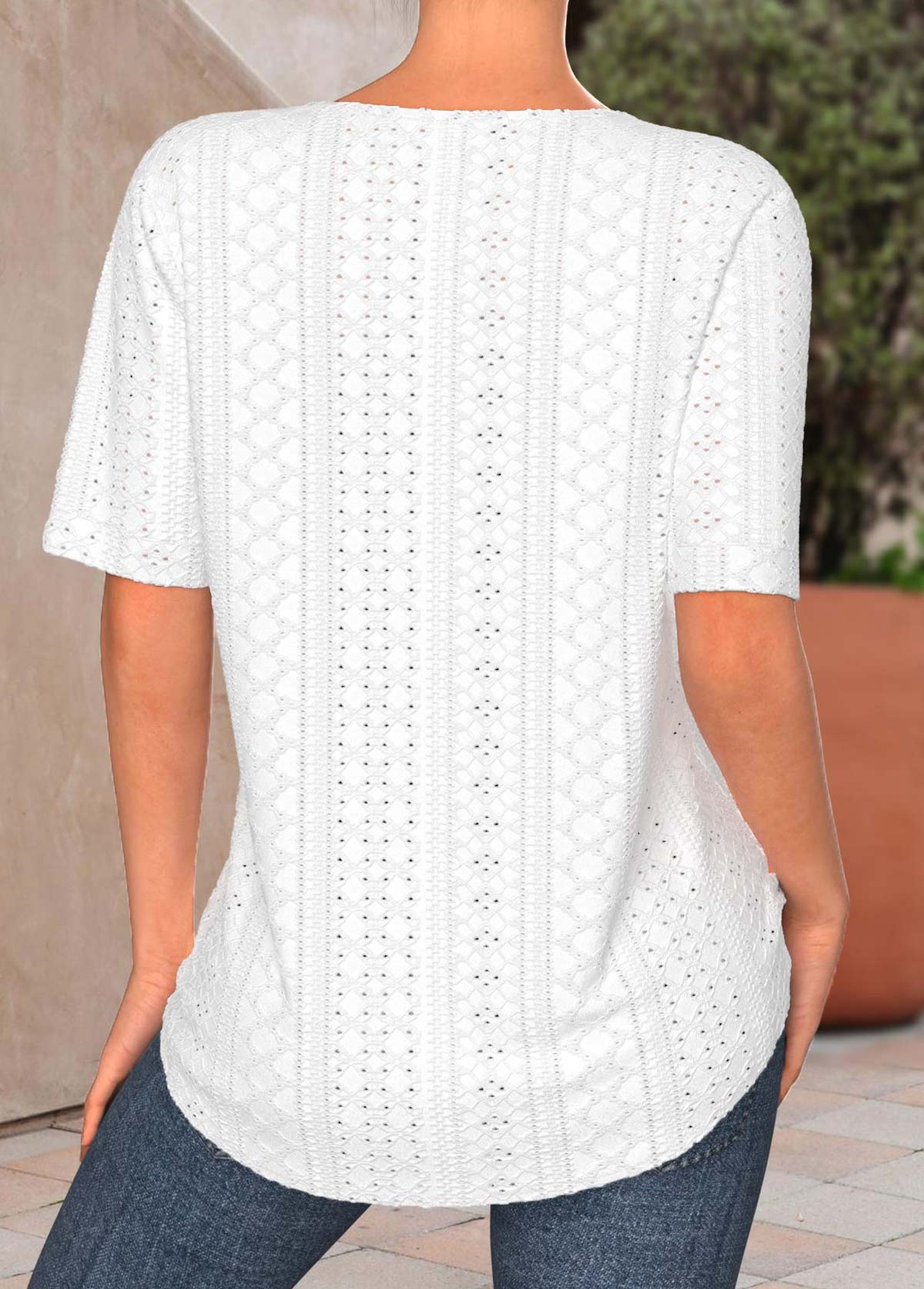 White tops,Plain Color tops,ROTITA Button White Split Neck Short Sleeve Blouse