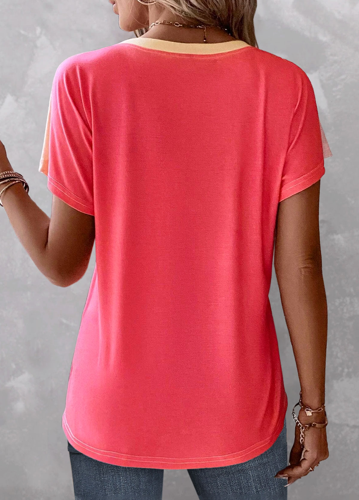 Peach Red tops,Ombre tops,ROTITA Button Ombre Peach Red Split Neck T Shirt