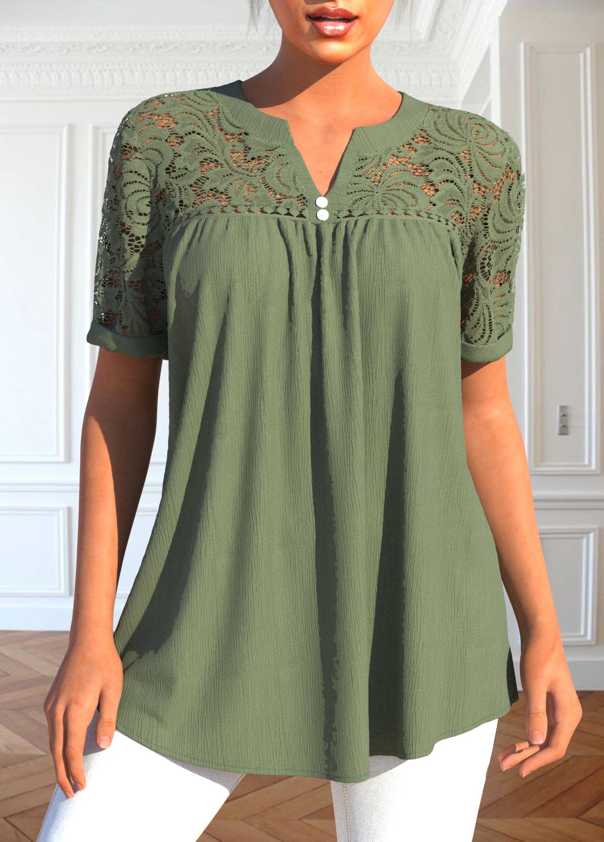 Sage Green tops,Plain Color tops,ROTITA Patchwork Sage Green Split Neck Short Sleeve Blouse