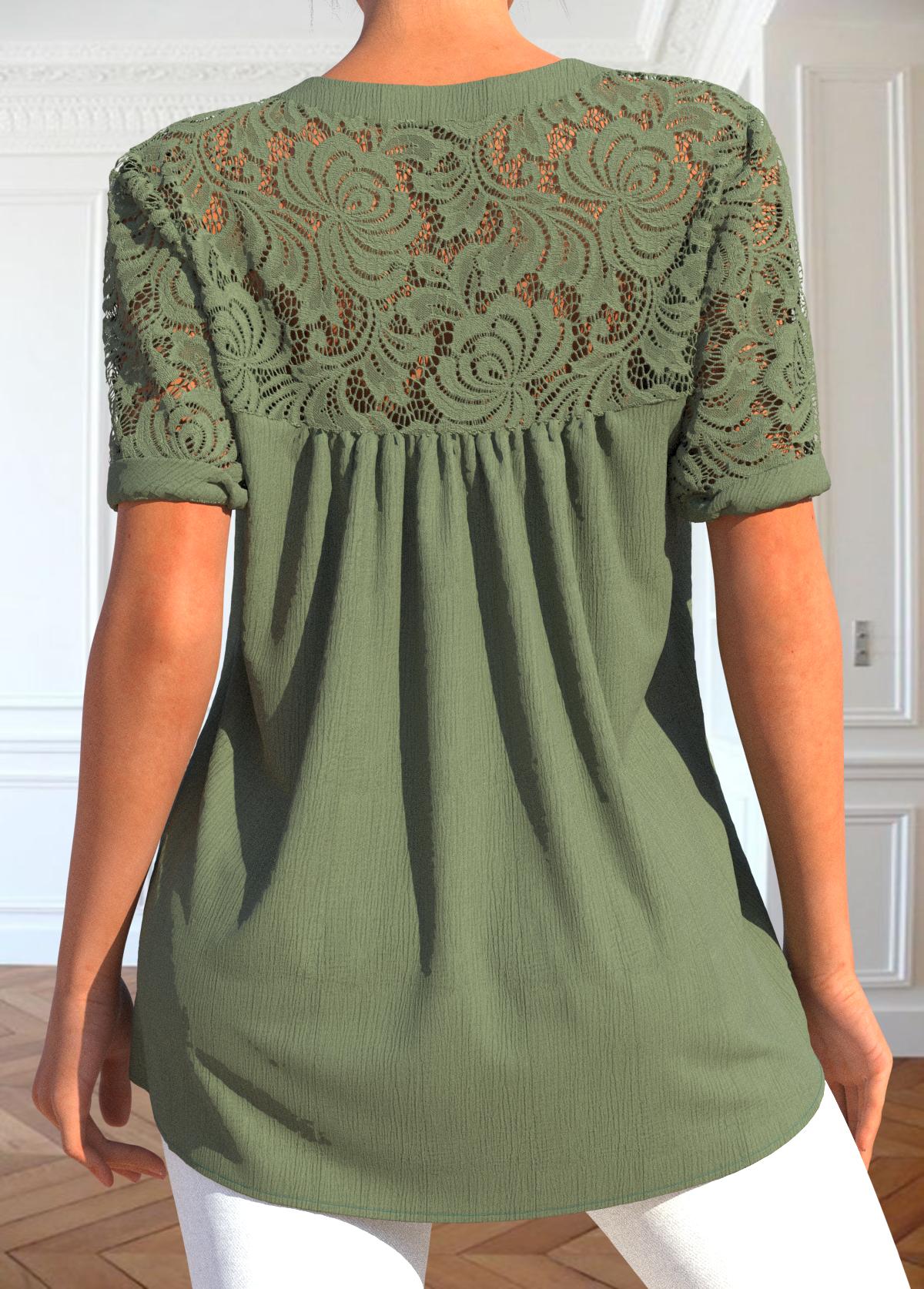 Sage Green tops,Plain Color tops,ROTITA Patchwork Sage Green Split Neck Short Sleeve Blouse