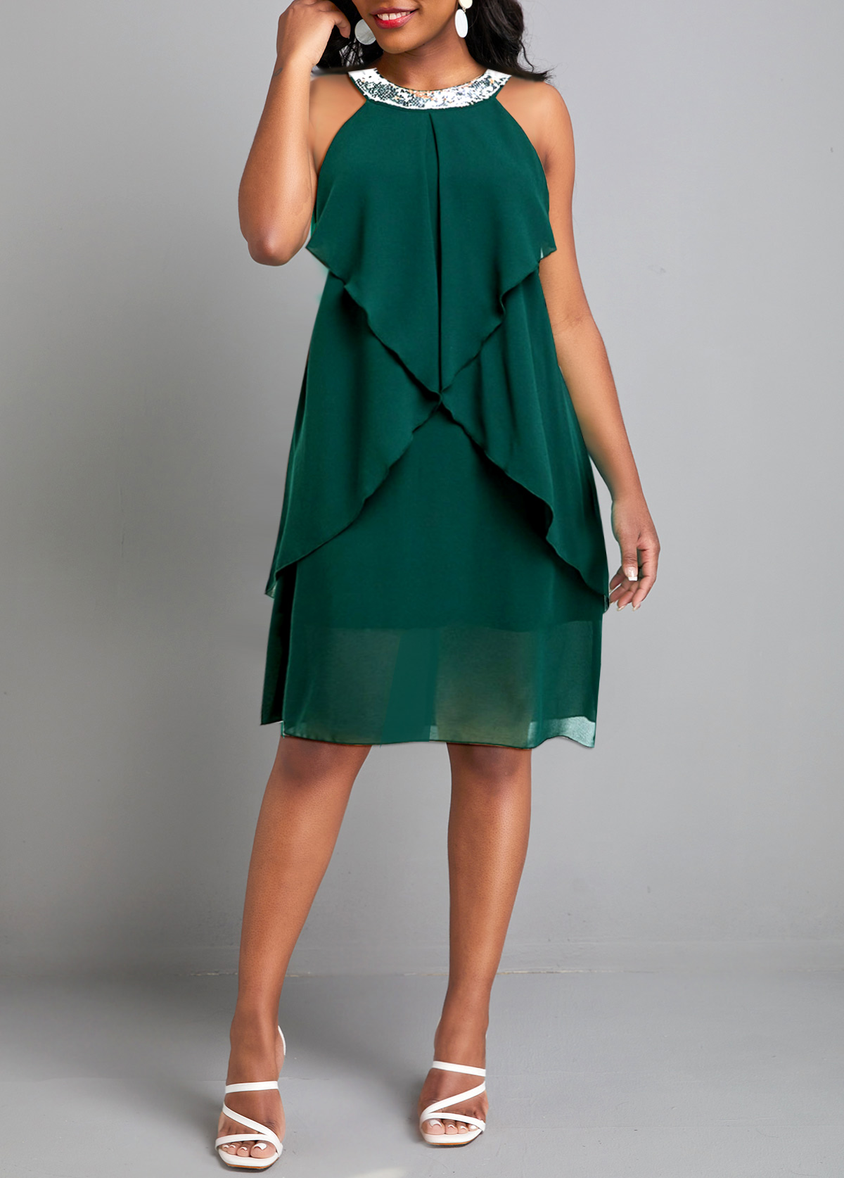 Green dresses,Plain Color dresses,ROTITA Sequin Green H Shape Round Neck Sleeveless Dress