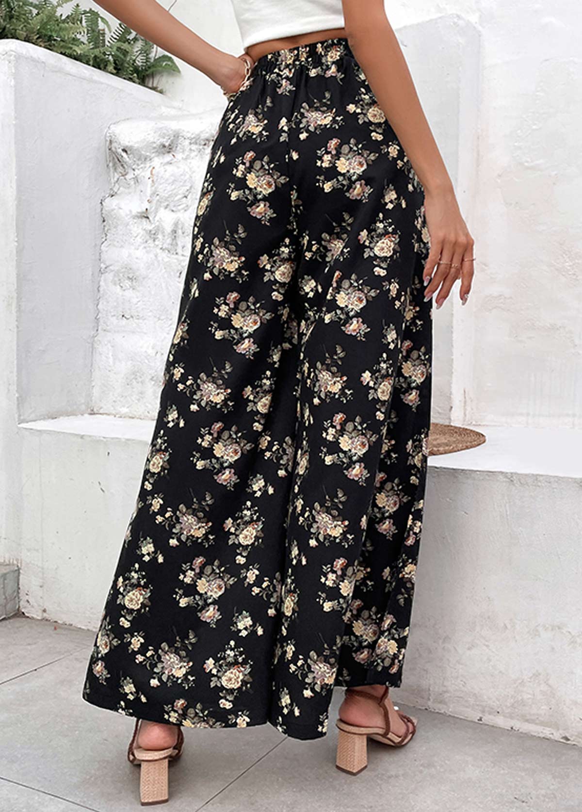 Black bottoms,Ditsy Floral bottoms,Split Ditsy Floral Print Black Flare Leg Pants