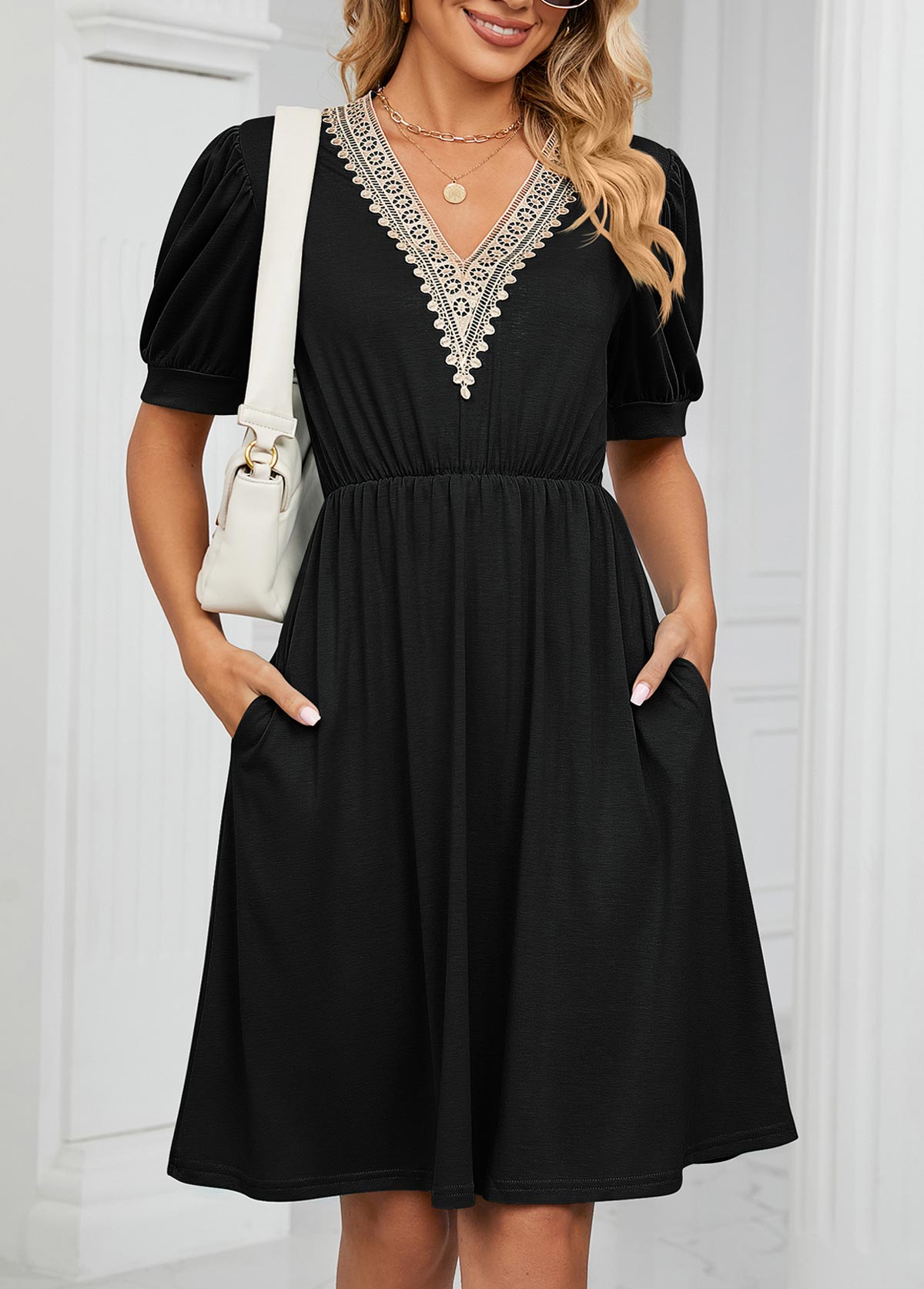 Black dresses,Plain Color dresses,Lace Black V Neck Short Sleeve Dress