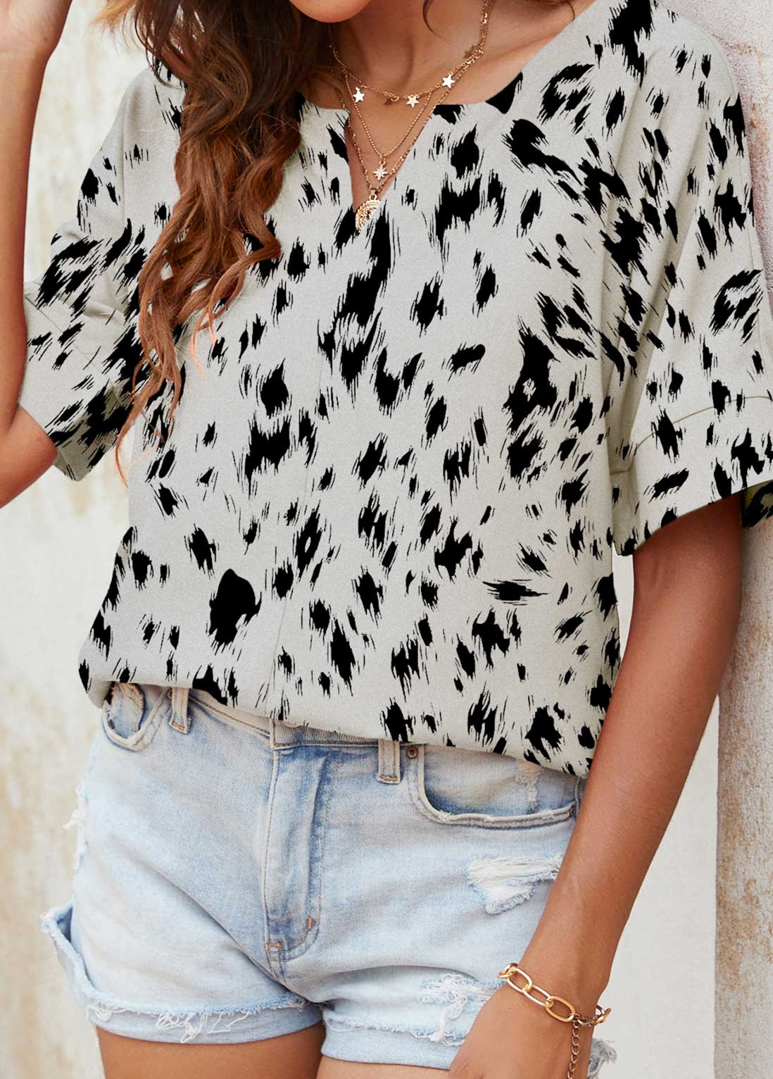 Grey tops,Graphic tops,Lightweight Graffiti Print Grey Split Neck Blouse