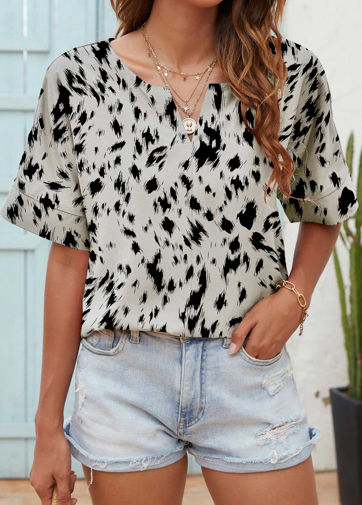 Grey tops,Graphic tops,Lightweight Graffiti Print Grey Split Neck Blouse