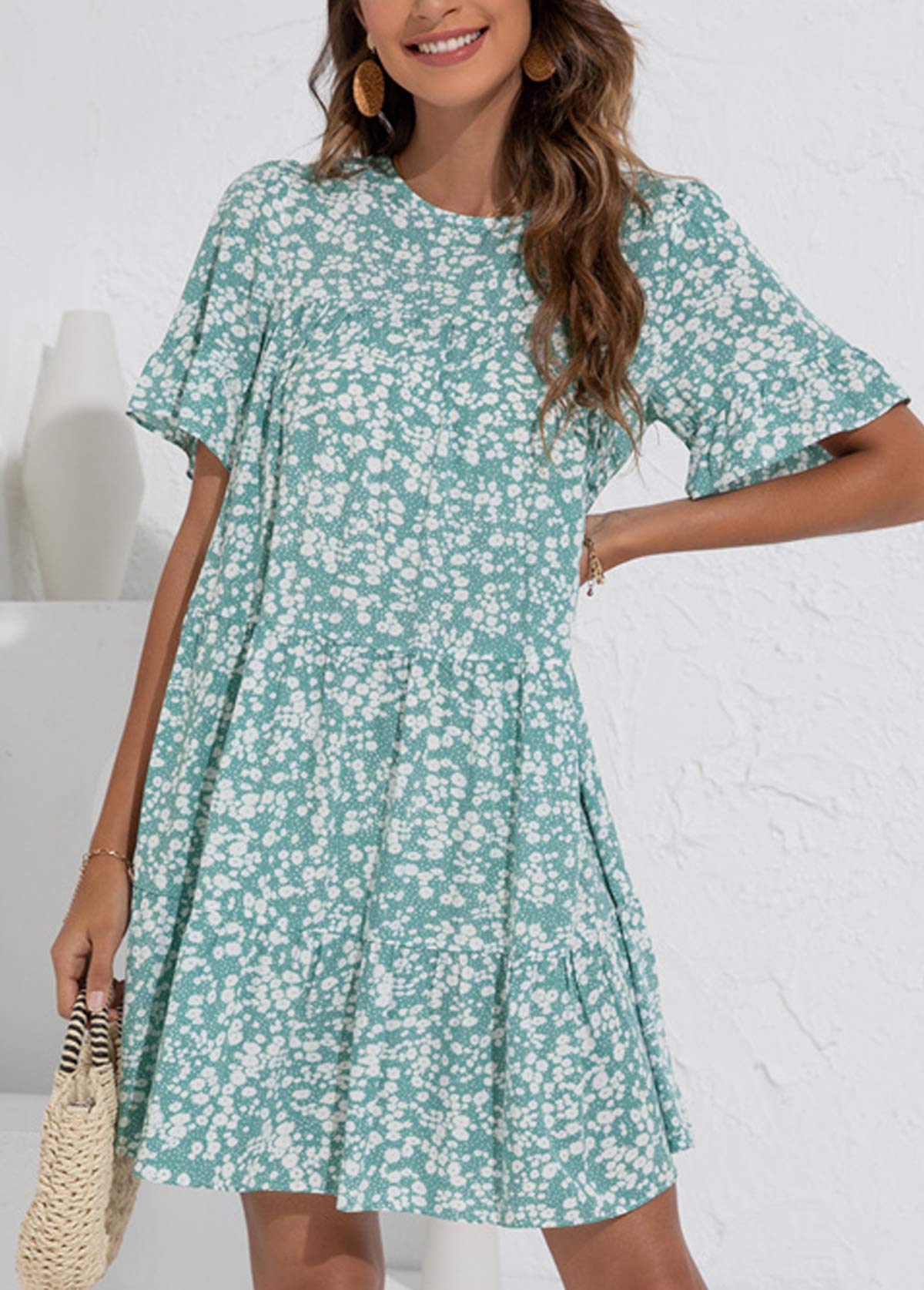 Mint Green dresses,Ditsy Floral dresses,Plants dresses,Dot dresses,Ruched Ditsy Floral Print Mint Green Dress