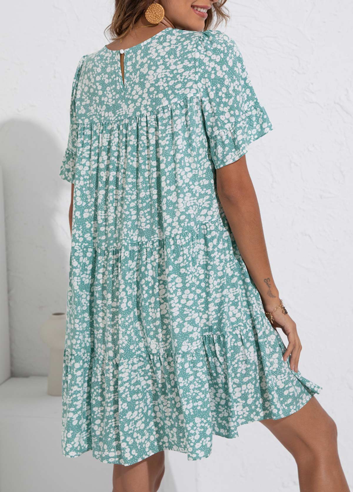 Mint Green dresses,Ditsy Floral dresses,Plants dresses,Dot dresses,Ruched Ditsy Floral Print Mint Green Dress