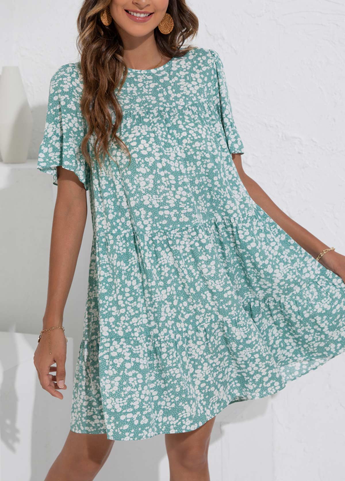 Mint Green dresses,Ditsy Floral dresses,Plants dresses,Dot dresses,Ruched Ditsy Floral Print Mint Green Dress