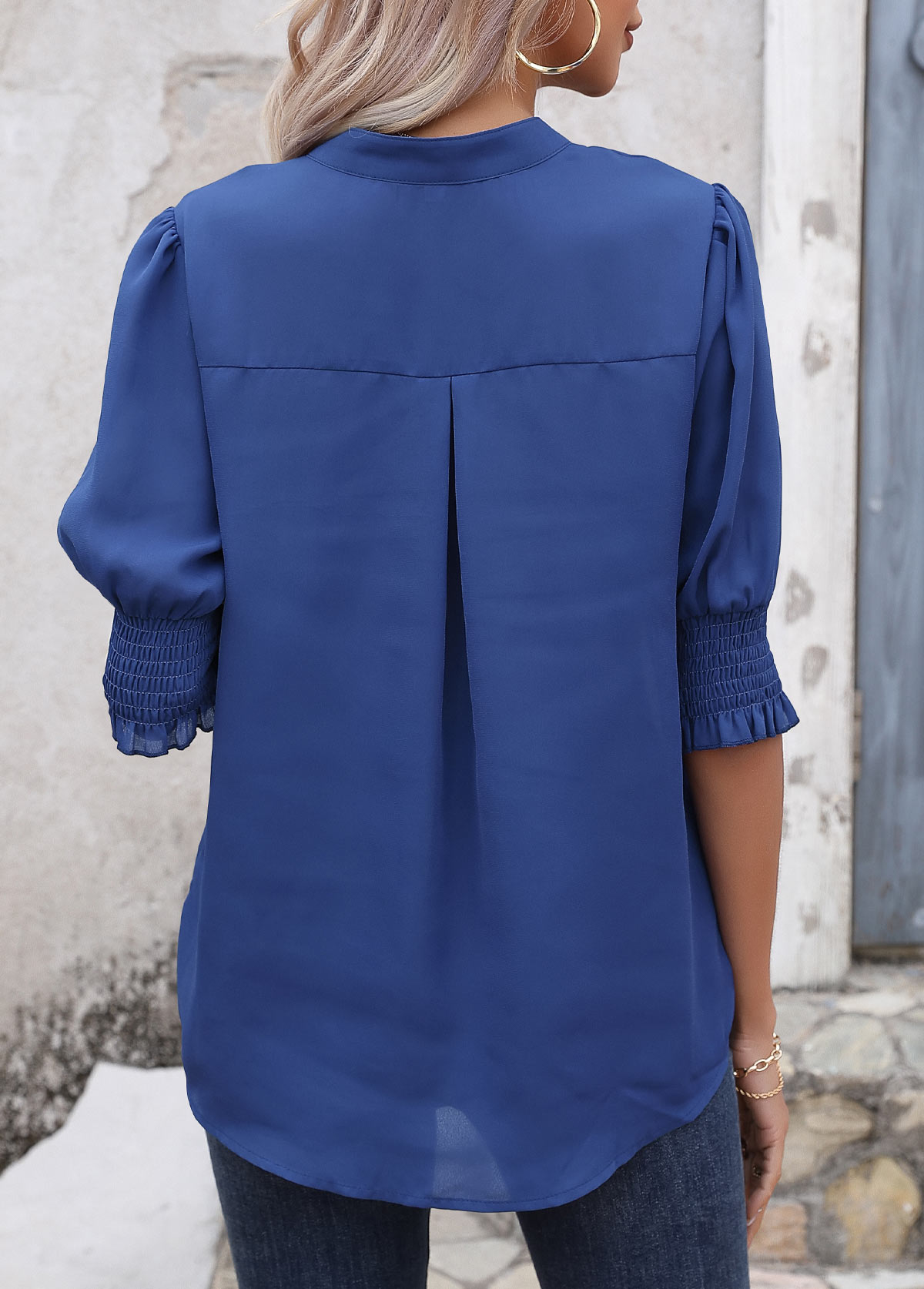 Dark Blue tops,Plain Color tops,Smocked Dark Blue Split Neck Half Sleeve Blouse