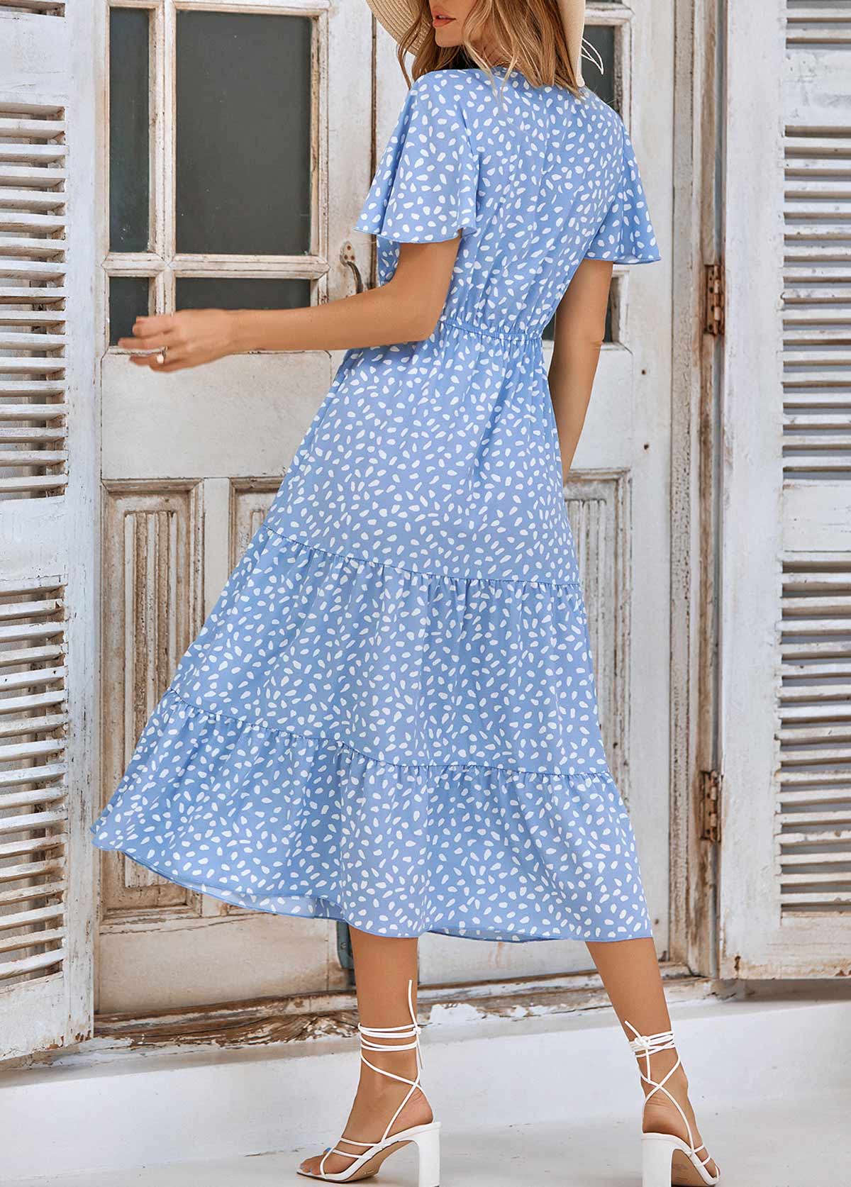 Light Blue dresses,Plants dresses,Vacation dresses,Vacation dresses,Ruched Leaf Print Light Blue V Neck Dress