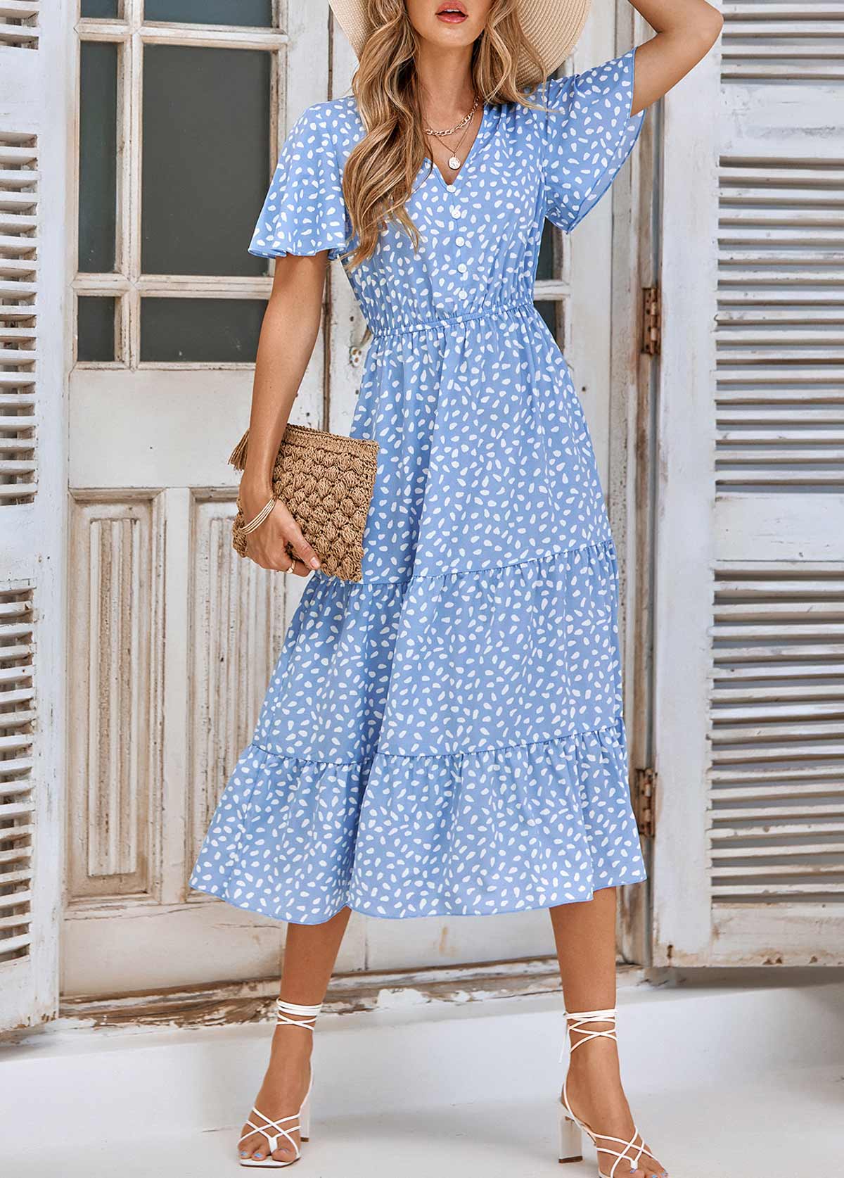 Light Blue dresses,Plants dresses,Vacation dresses,Vacation dresses,Ruched Leaf Print Light Blue V Neck Dress