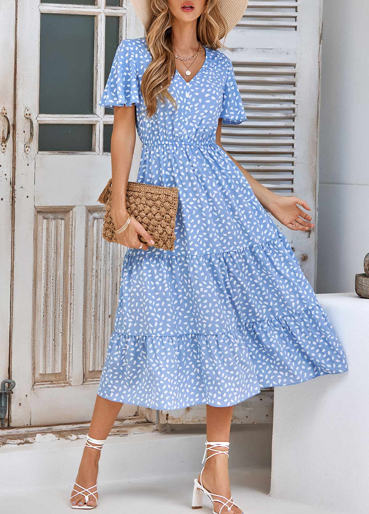 Light Blue dresses,Plants dresses,Vacation dresses,Vacation dresses,Ruched Leaf Print Light Blue V Neck Dress