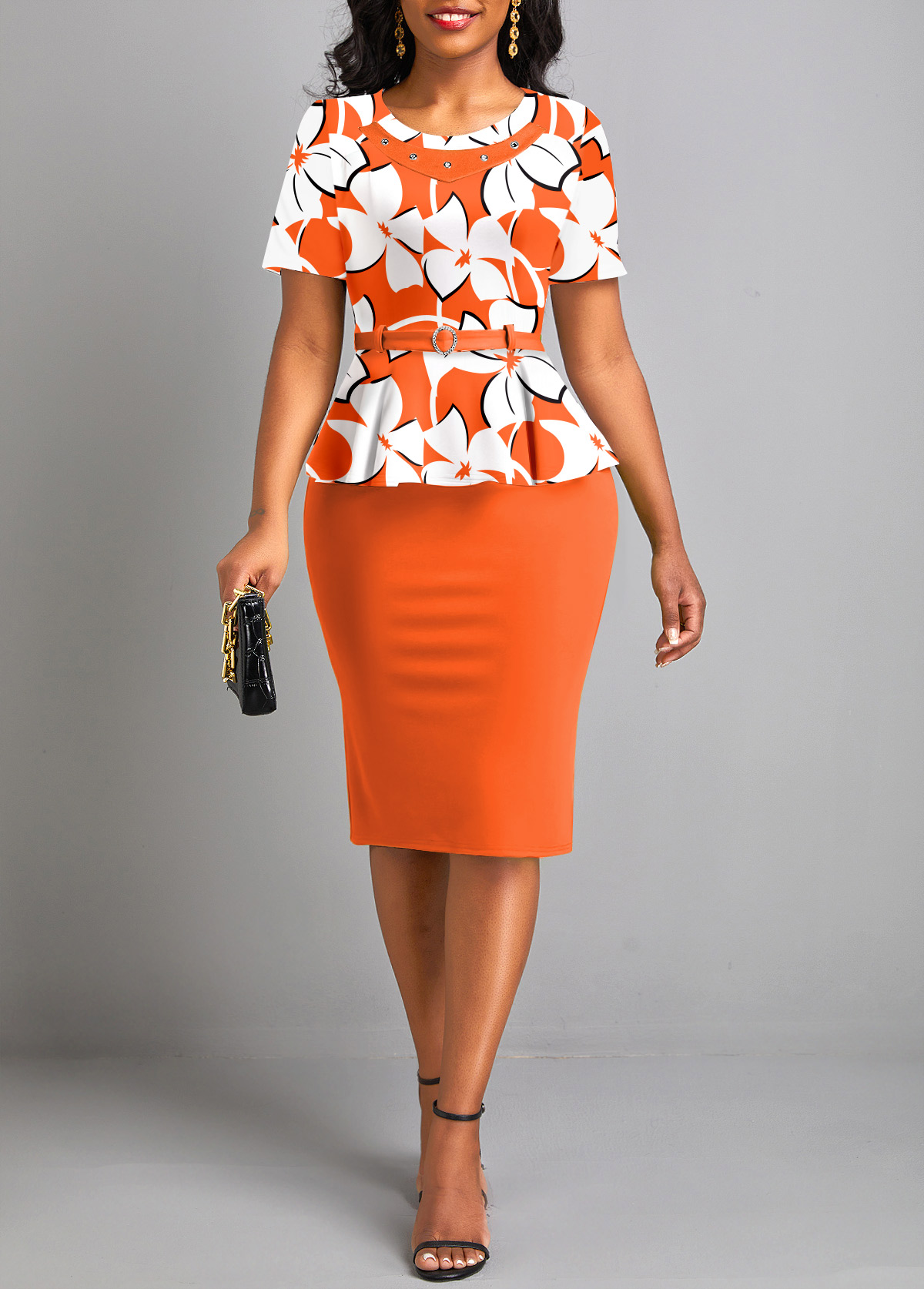 ROTITA Fausse robe moulante 2 en 1 à imprimé fleuri orange avec ceinture