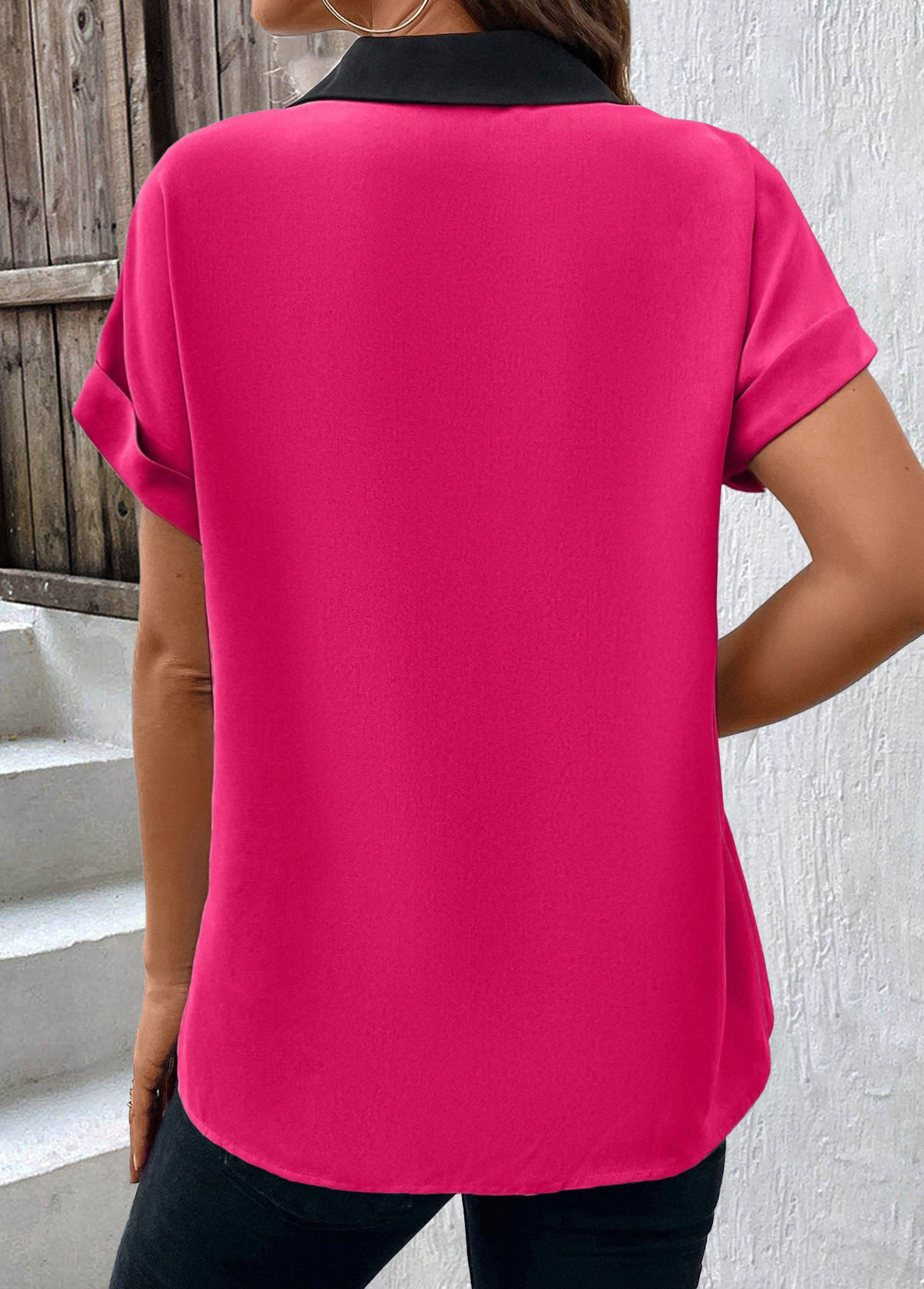 Black tops,Hot Pink tops,Contrast Color tops,ROTITA Patchwork Black V Neck Short Sleeve Blouse