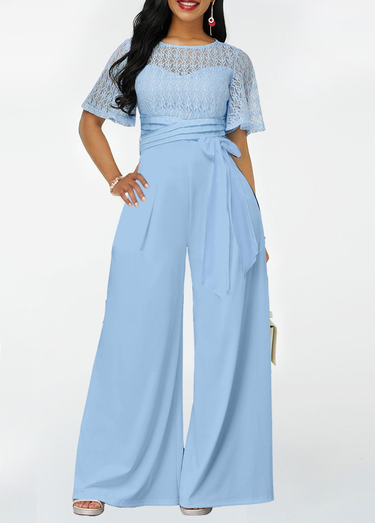 Light Blue jumpsuits & rompers,Plain Color jumpsuits & rompers,ROTITA Lace Light Blue Long Round Neck Jumpsuit
