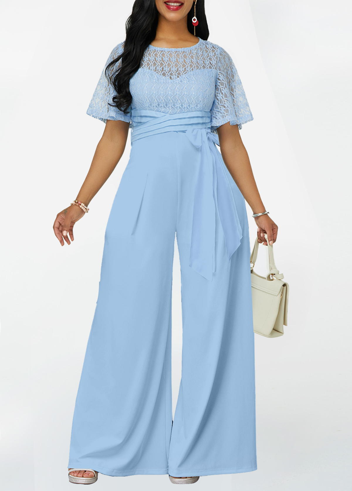 Light Blue jumpsuits & rompers,Plain Color jumpsuits & rompers,ROTITA Lace Light Blue Long Round Neck Jumpsuit