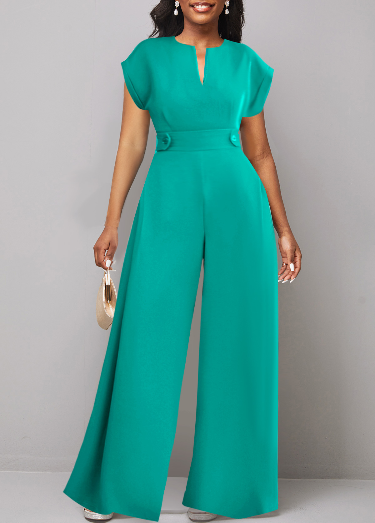 ROTITA Button Mint Green Long Split Neck Jumpsuit
