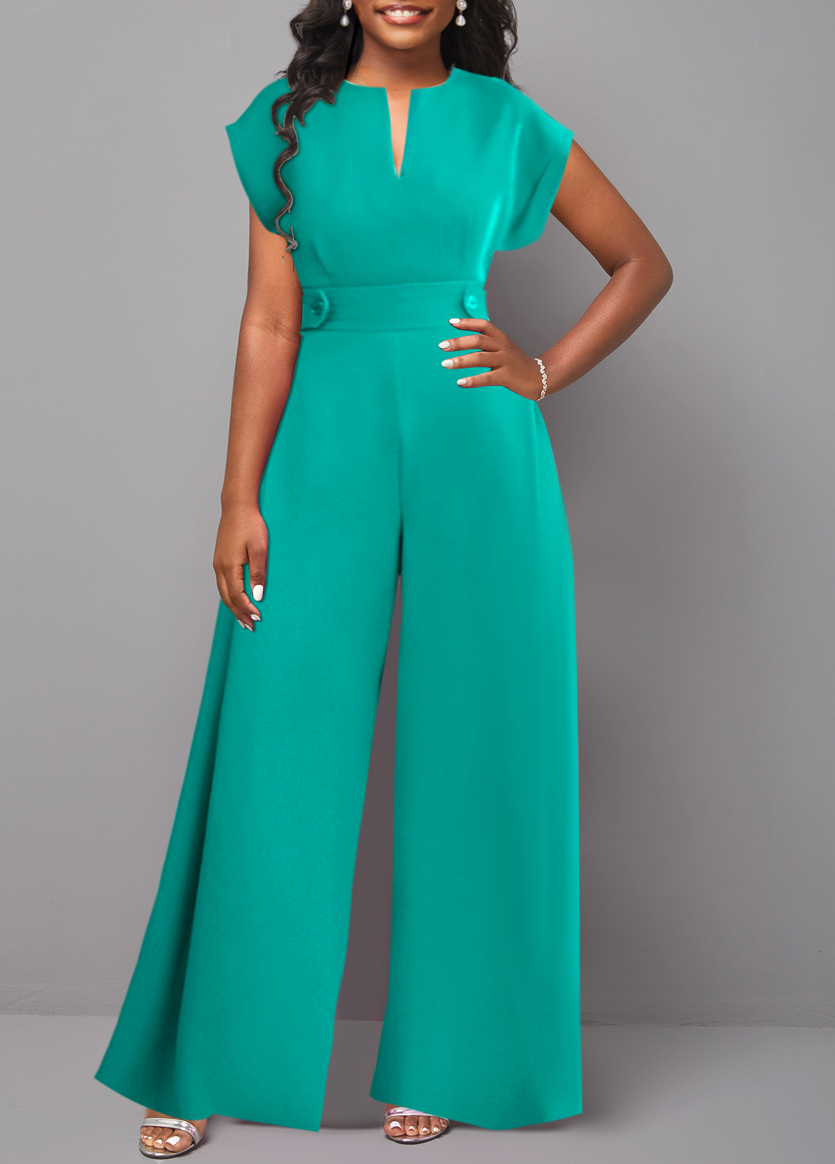Mint Green jumpsuits & rompers,Plain Color jumpsuits & rompers,ROTITA Button Mint Green Long Split Neck Jumpsuit