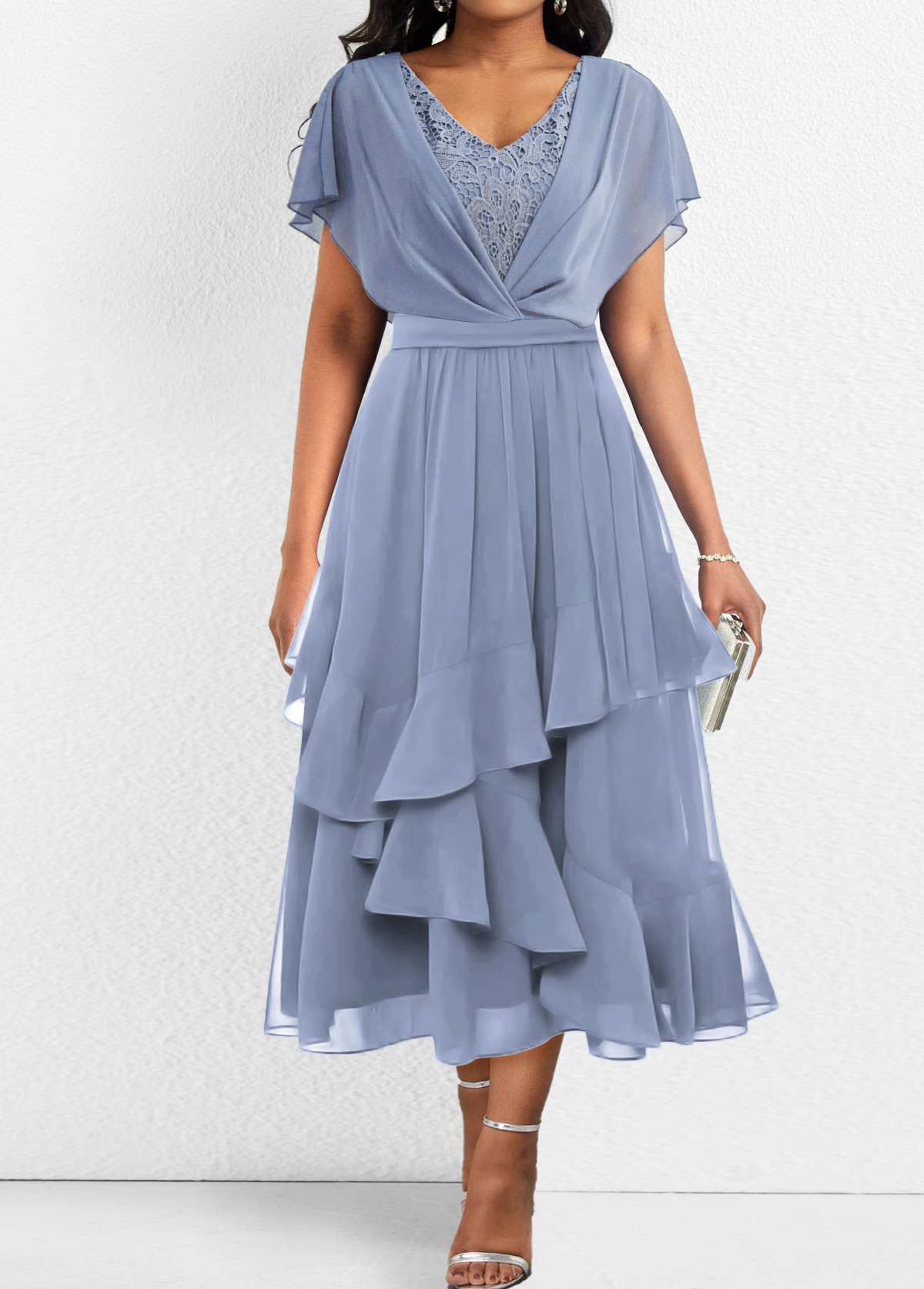 ROTITA Asymmetry Dusty Blue V Neck Short Sleeve Dress
