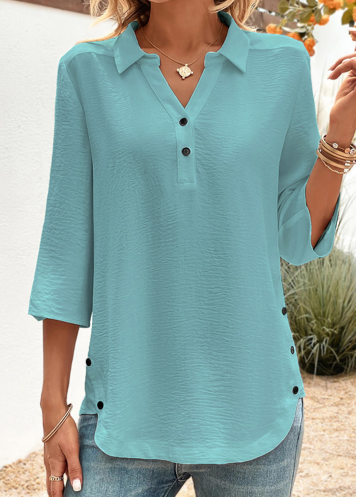 Peacock Blue tops,Plain Color tops,ROTITA Button Peacock Blue Shirt Collar Blouse