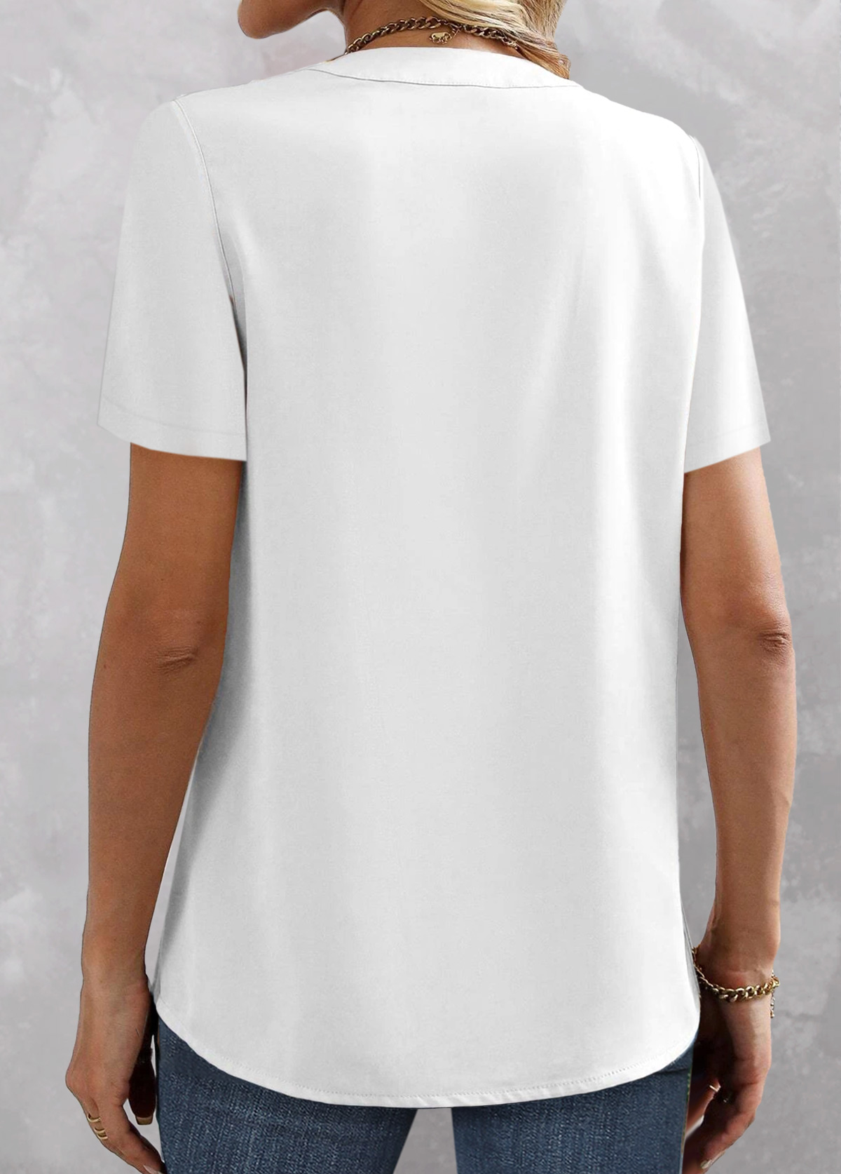 White tops,Plain Color tops,ROTITA Patchwork White Split Neck Short Sleeve Blouse