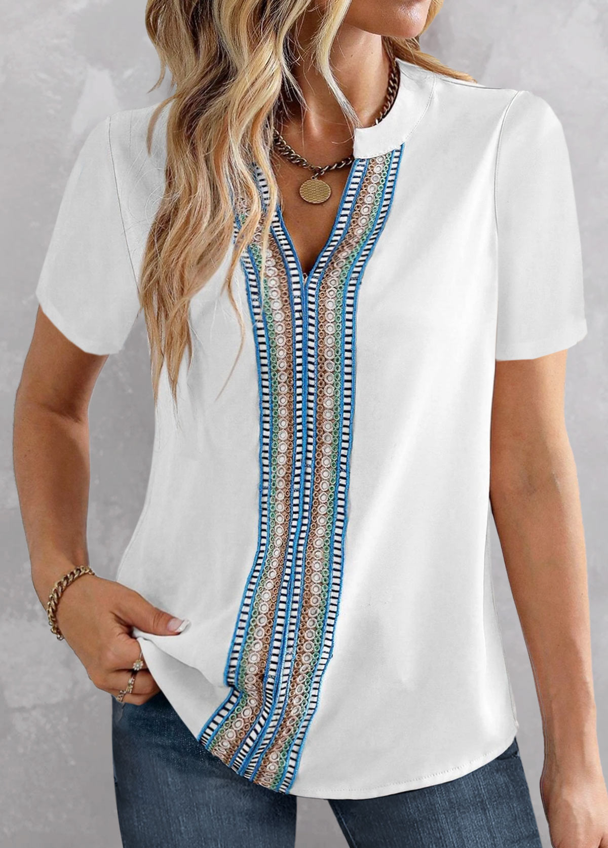 White tops,Plain Color tops,ROTITA Patchwork White Split Neck Short Sleeve Blouse