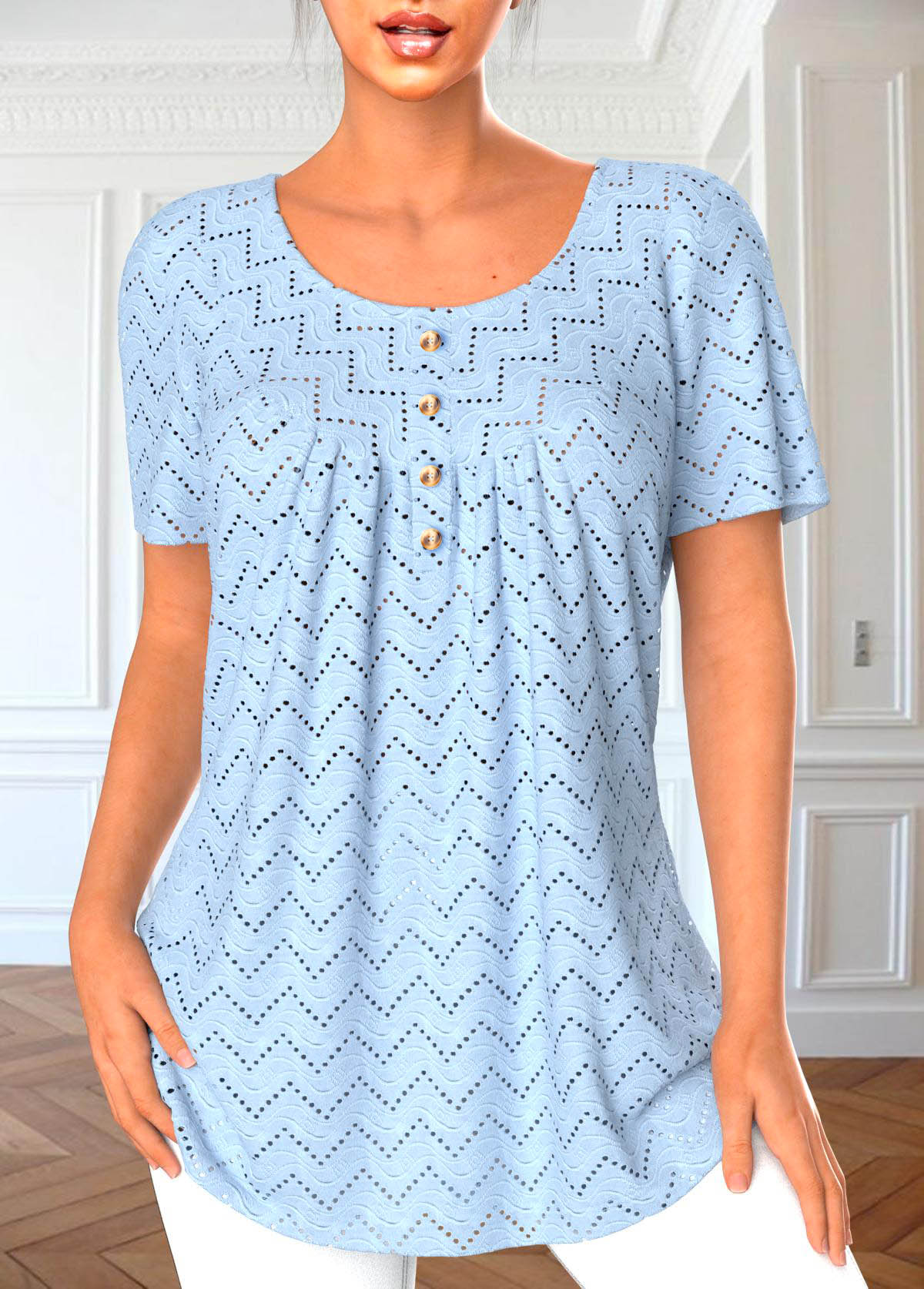 Light Blue tops,Plain Color tops,ROTITA Button Light Blue Round Neck Short Sleeve Blouse