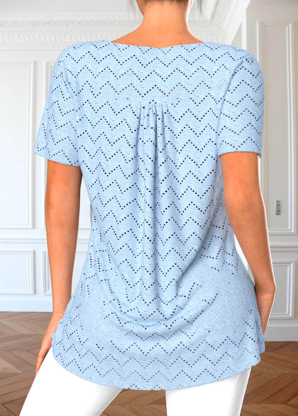 Light Blue tops,Plain Color tops,ROTITA Button Light Blue Round Neck Short Sleeve Blouse