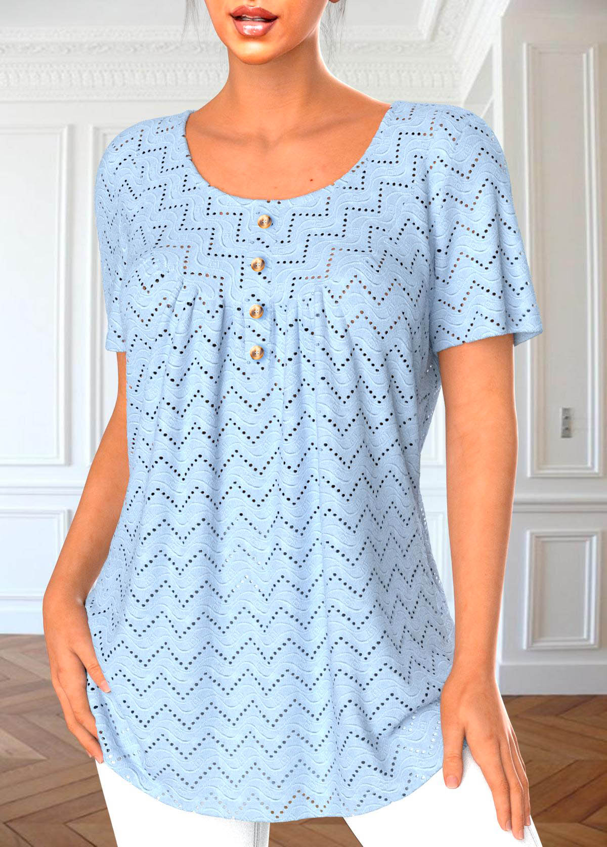 Light Blue tops,Plain Color tops,ROTITA Button Light Blue Round Neck Short Sleeve Blouse